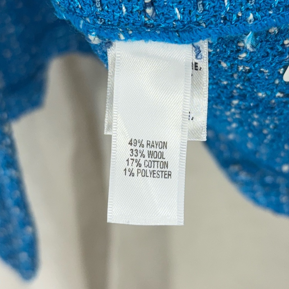 ST. JOHN Knits Boucle Tweed Blazer Wool Blend Stretch Blue White Jacket Size 10 - Picture 10 of 13